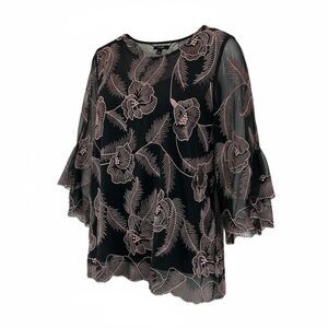 Alfani XL Black Mesh Floral Embroidered Bell Sleeve Blouse Sheer Overlay Top